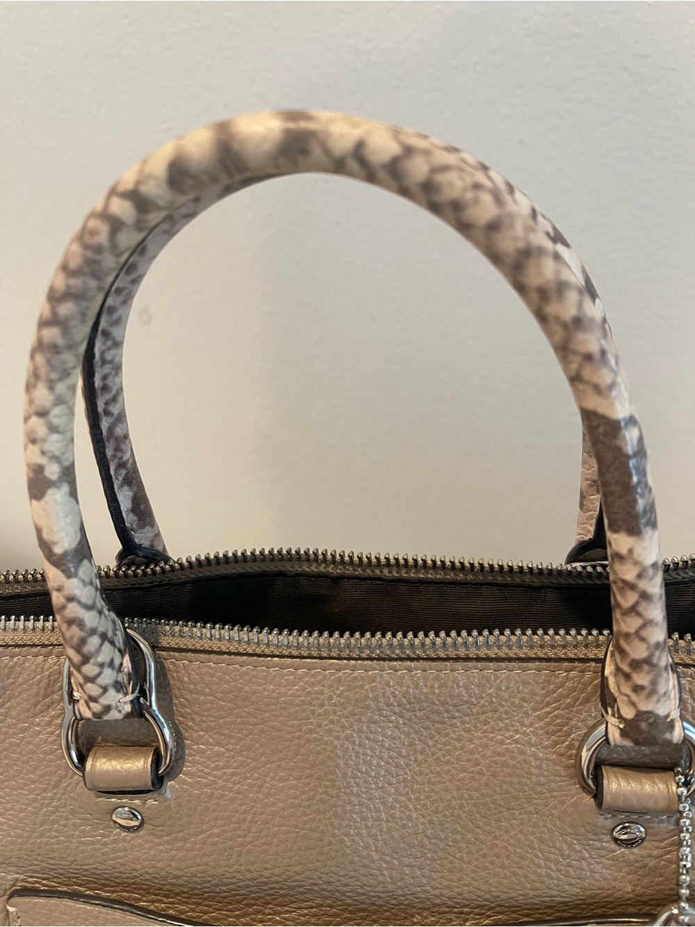 Coach Pebble Leather Satchel in Taupe with Snake-Print Handles - Picture 3 of 6
